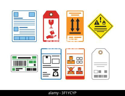 Shipping label and package handling icon set with barcode labels, fragile tags, warning signs, parcel stickers and logistics templates vector. Stock Vector