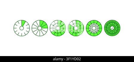 Circular progress indicator icon set with loading stages, completion rings and radial progress charts for dashboards, analytics and user interface. Stock Vector