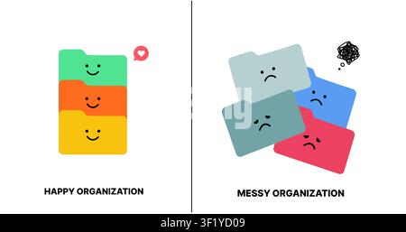 Folder organization comparison illustration showing organized and messy file management with cute folder icons for productivity, workflow and digital. Stock Vector