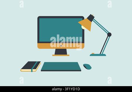 Modern desktop workspace illustration with computer monitor, desk lamp, notebook, mouse and graphics tablet for office, creative studio. Stock Vector