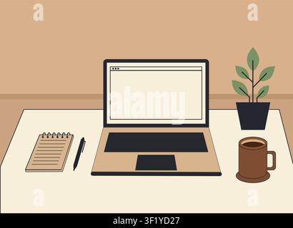 Minimal home office workspace illustration with laptop, notebook, coffee mug and houseplant on a desk for remote work and productivity vector Stock Vector