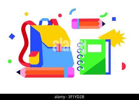 School supplies icon featuring backpack, notebook and pencils for education, classroom learning, student essentials and back to school design vector Stock Vector