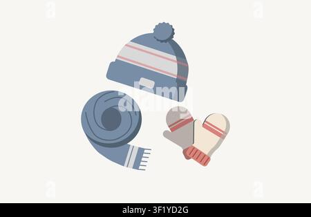 Winter clothing icon featuring knitted beanie, warm scarf and insulated mittens for cold weather, seasonal fashion and outdoor activities vector Stock Vector