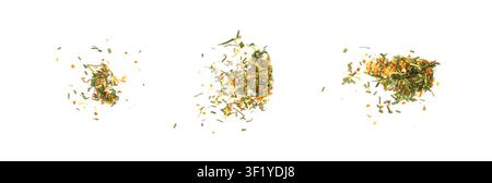 Dried vegetable mix isolated. Dehydrated greens, onion, carrot pieces, seasoning chips, flakes blend on white background Stock Photo