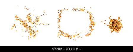 Dried vegetables mix with carrots, onion, parsnip and soy meat isolated. Crispy flakes, vegetable protein, dehydrated various food pieces collection f Stock Photo