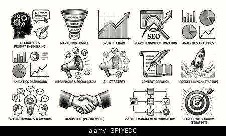 Modern Business, Marketing, and Digital Strategy Icons Set in Vibrant Colored Outline Glyph Style for Management Analytics Stock Vector