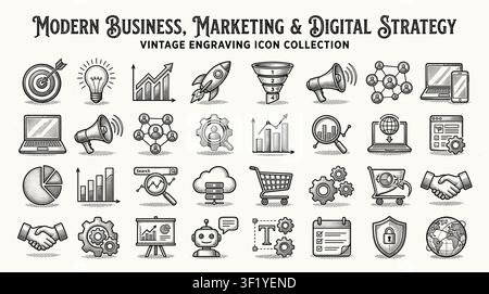 Modern Business, Marketing, and Digital Strategy Icons Set in Vibrant Colored Outline Glyph Style for Management Analytics Stock Vector
