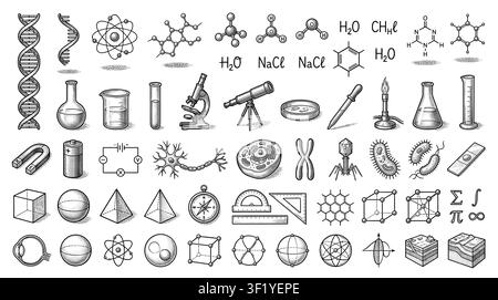 Large set of black science icons showing chemical formulas, molecules, atoms, DNA, laboratory equipment, and geometric shapes Stock Vector