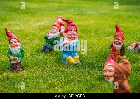 Collection of garden gnomes with red hats and beards scattered on green grass Stock Photo