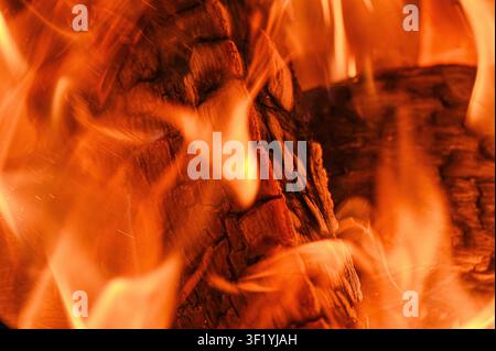 Close-up view of burning firewood surrounded by bright orange flames in an outdoor fire pit. Stock Photo