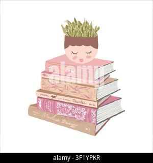 Vector illustration of a stack of books and a potted plant. Themes: reading, home, and coziness. A stack of novels. Library and bookshelf elements, study and education-themed design. Flat clipart Stock Vector