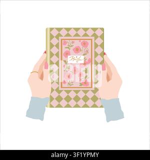 Hands holding a book or notebook with a beautiful cover. Book-themed flat-style clipart, isolated on a white background. Vector illustration. Stock Vector