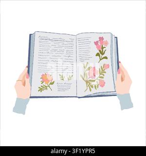 Vector illustration of an open book. Encyclopedia clipart with flowers in a flat style, isolated on a white background. Library. Educational and school literature, textbook.Vector illustration Stock Vector