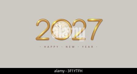 2027 Happy New Year banner with Realistic Sparkler numbers and a vintage clock shows almost 12. Vector illustration. Stock Vector