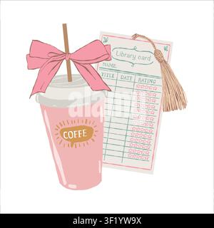 Coffee and a library card. Book-themed vector illustration in a flat, girly style. Clipart on a white background. Disposable pink coffee cup with a straw and a bow. Book accessories. Stock Vector