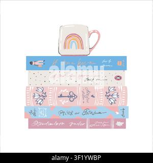 Vector illustration: a stack of books and a mug. Themes: reading, home, coziness. A stack of novels. Library and bookshelf elements, study and education-themed design. Flat clipart in pastel colors Stock Vector