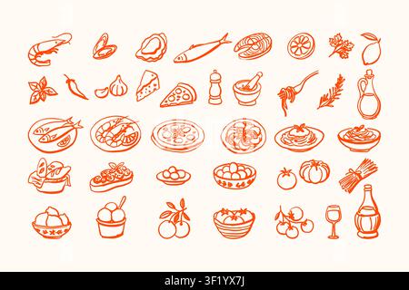 Assortment of italian cuisine icons including pizza, pasta, seafood, and fresh ingredients. Stock Vector