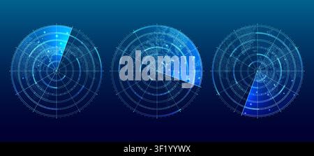 Blue digital sonar display with HUD interface for vessel tracking Stock Vector