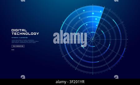 Military radar screen displays sonar map with digital HUD interface Stock Vector