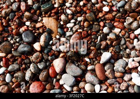 Close-up of colorful wet pebbles and small stones on a beach, showing natural texture, mixed shapes, and earthy tones for background or nature design Stock Photo