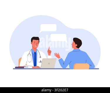 Doctor man consulting patient. Medical appointment. Male doctor with stethoscope using laptop Stock Vector