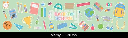 Back to school. Set of school supply stickers for print, digital products, and social media. Vector illustration. Stock Vector