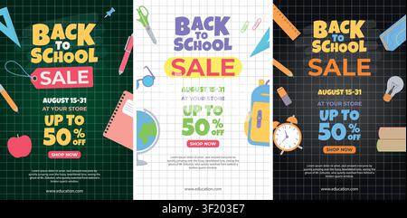 Set of vertical vector templates for a Back to School sale, featuring school supplies. Suitable for websites, apps, and social media. Stock Vector
