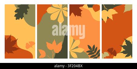 Set of four vertical abstract autumn backgrounds with colorful leaves and shapes Stock Vector