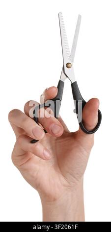 Hairdresser holding thinning scissors on white background, closeup Stock Photo