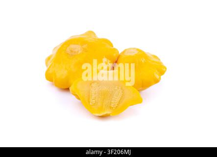 Marinated patty pan isolated, pickled pattypan squash, salted yellow patisson, fermented baby scallop, custard granny squash on white background Stock Photo