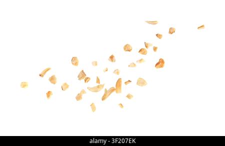 Falling Dry Garlic Slices Isolated, Flying Crispy Fried Cloves Pile Closeup, Roasted Grilled Garlic Flakes, Clove Chip Group on White Background Stock Photo