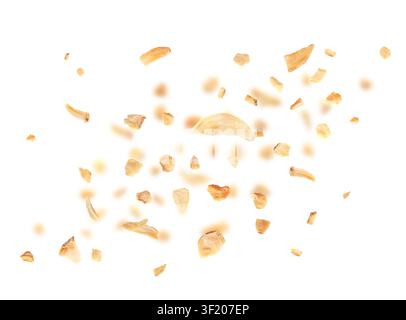 Falling Dry Garlic Slices Isolated, Flying Crispy Fried Cloves Pile Closeup, Roasted Grilled Garlic Flakes, Clove Chip Group on White Background Stock Photo