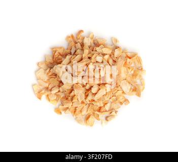 Dry Garlic Slices Isolated, Crispy Fried Cloves Pile Closeup, Roasted Grilled Garlic Flakes, Clove Chip Group on White Background Top View Stock Photo
