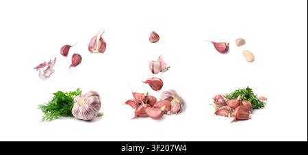 Falling Garlic Cloves Isolated, Flying Garlic Clove Group, Seasoning Bulb, Natural Spices Food Ingredient on White Background Stock Photo