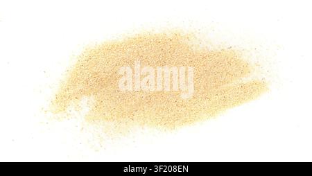Garlic powder pile isolated, flying dried granulated chopped crushed garlic cloves, cut into small pieces food ingredient, seasoning condiment on whit Stock Photo