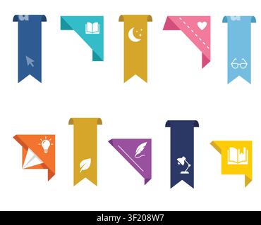 Bookmark ribbon template set with folded page markers and corner bookmarks for books, planners and stationery vector Stock Vector
