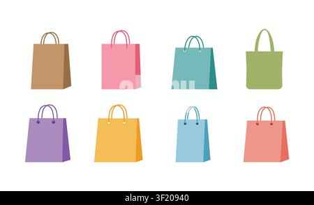 Colorful shopping bag icon set with retail paper bags and reusable tote bag designs for stores, packaging and e-commerce vector Stock Vector