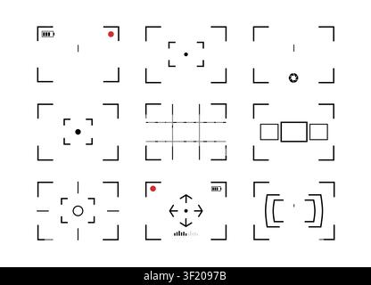 Camera focus frame icon set with viewfinder overlays, autofocus guides and recording interface elements vector Stock Vector