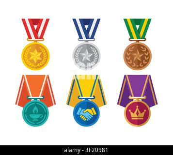 Award medal icon set with gold, silver, bronze, achievement and championship ribbon medals vector Stock Vector