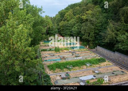 Wide elevated view of a waste transfer complex largely screened by mature woodland, with a planted technical roof that reduces the visual impact of ur Stock Photo