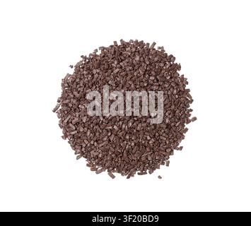 Chocolate Sprinkle Pile Isolated, Candy Sprinkles Flakes, Sweet Brown Flakes Glaze Decoration, Chocolate Vermicelli on White Background Top View Stock Photo