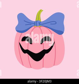 Cute pink pumpkin with blue bow jack o lantern Stock Vector