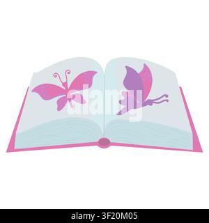 Book spread featuring pink butterflies. Vector illustration isolated on white background. Stock Vector