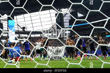 Argentina players hold up a banner with the words 'Las Malvinas son Argentinas' which translates to 'The Malvinas are Argentine' following victory in the FIFA World Cup 2026 semi-final match at the Atlanta Stadium. Picture date: Wednesday July 15, 2026. Stock Photo