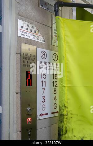 Elevator panel in old commercial building, missing 13th and 14th floor. Mirador mansions, Hong Kong, analog-style buttons and digital floor indicator Stock Photo