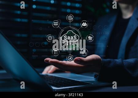 SaaS cloud software platform concept. IT developer presents cloud computing, subscription service network, server database, automation gears, global Stock Photo