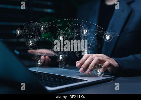 Global currency exchange concept. International payment network, forex transfer, digital banking, financial technology, cross border transaction, Inve Stock Photo