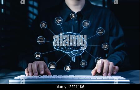 AI neural network and smart connect technology concept. AI digital brain network, IoT device icons, cloud computing, cybersecurity lock, healthcare, l Stock Photo