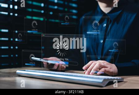 Loading process and system update concept with virtual progress bars, representing software installation, data synchronization, application update, Stock Photo