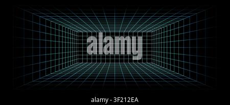 Grid box perspective 3d perspective digital background in cyan style. Cyberspace wireframe laser mesh virtual reality metaverse abstract. VR game bg. Stock Vector